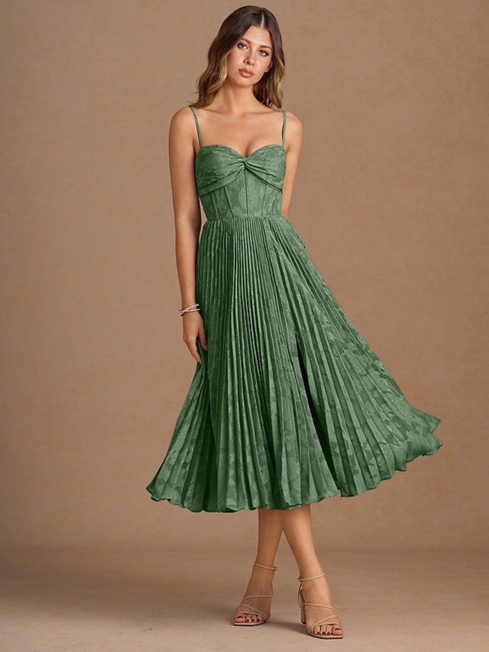 Olive Green Twisted Bodice Pleated Midi Dress